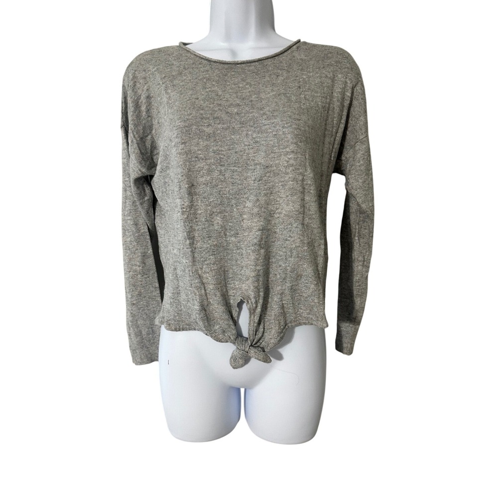 MoVint New York Gray‎ Ribbed Knit Tie Front Long Sleeve Top Size M